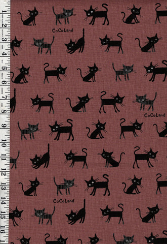 SALE - Japanese Novelty - Cocoland SMALL Wide-Eyed Cats - Cotton-Linen - CO-10016-2B - DARK ROSEY BROWN - SAVE 20% - By the Half Yard