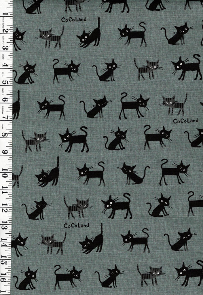 Japanese Novelty - Cocoland SMALL Wide-Eyed Cats - Cotton-Linen - CO-10016-2C- TEAL - Last 2 1/8 Yards