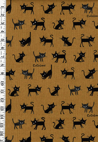 SALE - Japanese Novelty - Cocoland SMALL Wide-Eyed Cats - Cotton-Linen - CO-10016-2D - MUSTARD - SAVE 20% - By the Half Yard