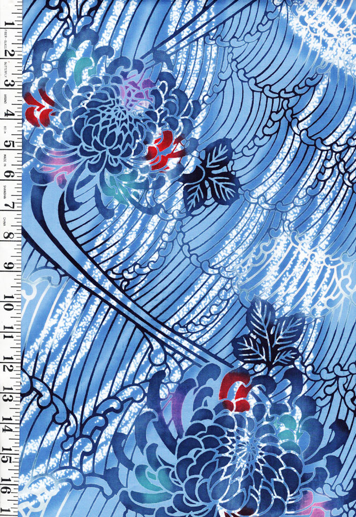 1004 - Yukata Fabric - Chrysanthemums & Crested Waves - Traditional 14" wide - Blue