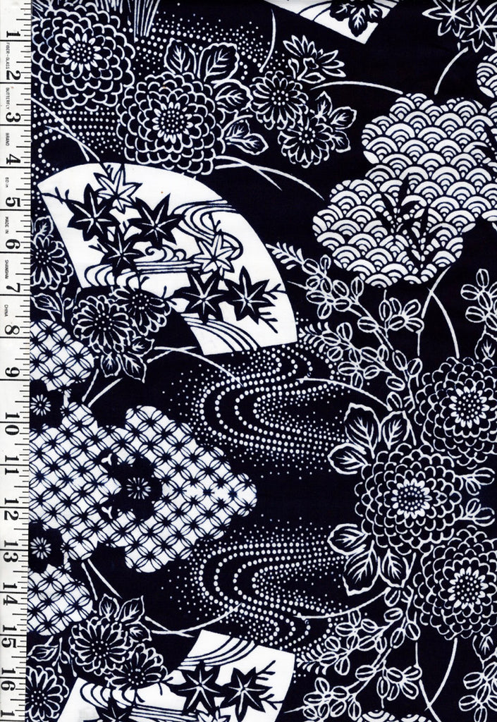 1000 - Yukata Fabric - Floral Fans, Mums & Clamshell/ Wave Motif - Traditional 14" wide - Indigo
