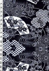1000 - Yukata Fabric - Floral Fans, Mums & Clamshell/ Wave Motif - Traditional 14" wide - Indigo
