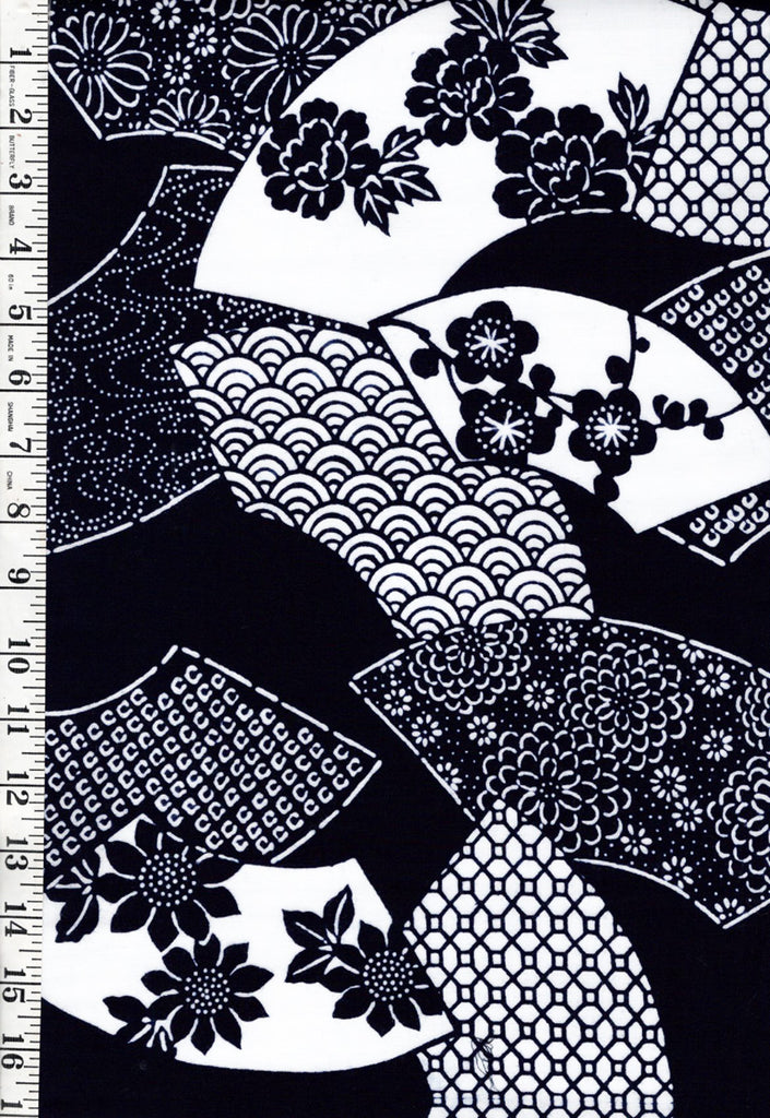 1008 - Yukata Fabric - Floral Fans & Japanese Motifs - Traditional 14" wide - Indigo