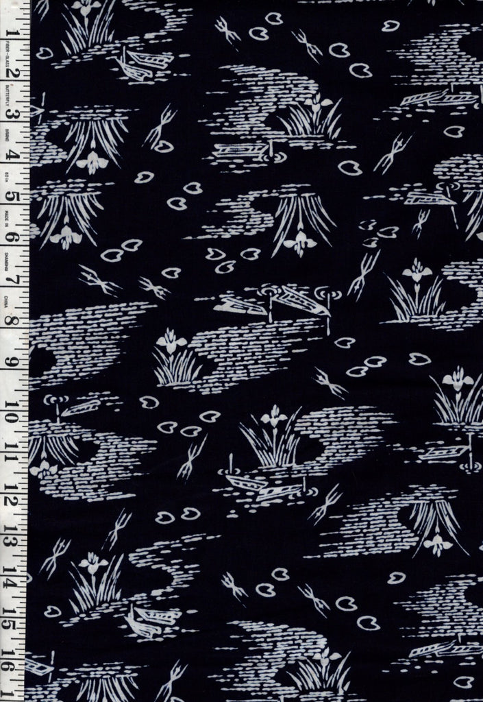 1017 - Yukata Fabric - Small Iris Pond & Floating Petals - Traditional 14" wide - Indigo