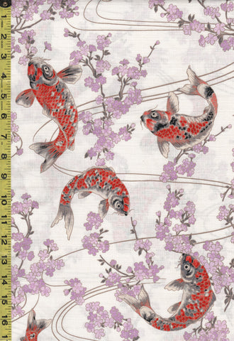 *Japanese - Hokkoh Colorful Koi & Cherry Blossoms - Dobby Weave - 1023-1110-2A -White
