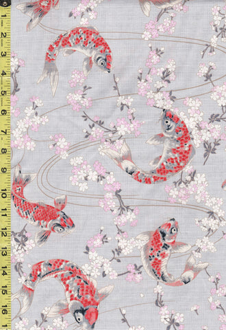*Japanese - Hokkoh Colorful Koi & Cherry Blossoms - Dobby Weave - 1023-1110-2B -Light Gray