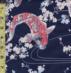 *Japanese - Hokkoh Colorful Koi & Cherry Blossoms - Dobby Weave - 1023-1110-2D - Dark Navy-Indigo