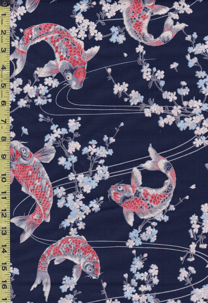 *Japanese - Hokkoh Colorful Koi & Cherry Blossoms - Dobby Weave - 1023-1110-2D - Dark Navy-Indigo
