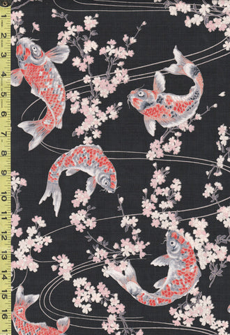 *Japanese - Hokkoh Colorful Koi & Cherry Blossoms - Dobby Weave - 1023-1110-2E -Black