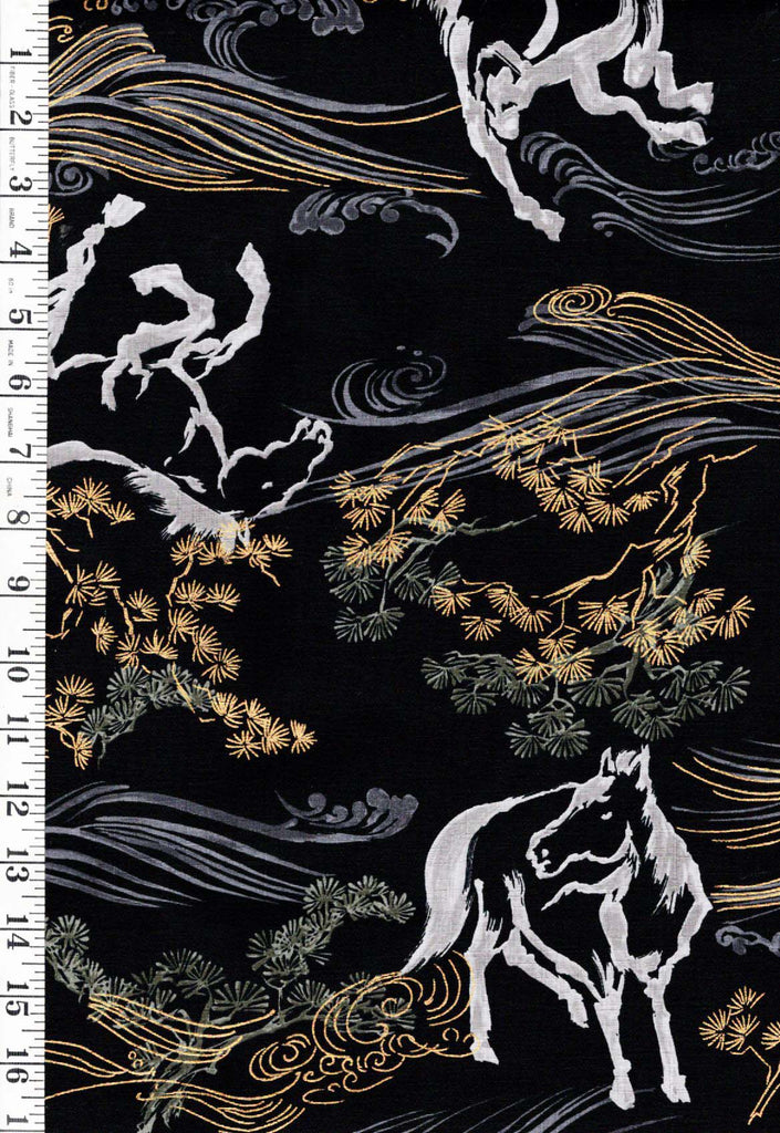 *Japanese - Hokkoh Year of the Horse - Dobby Weave - 1025-1120-4E- Black - By the Half Yard