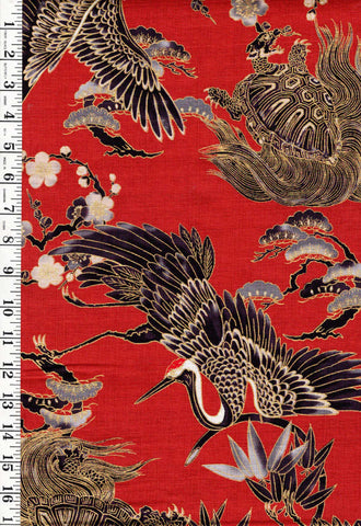 *Japanese - Hokkoh Cranes, Turtles & Pines - Dobby Weave - 1026-100-1C- Red - By the Half Yard