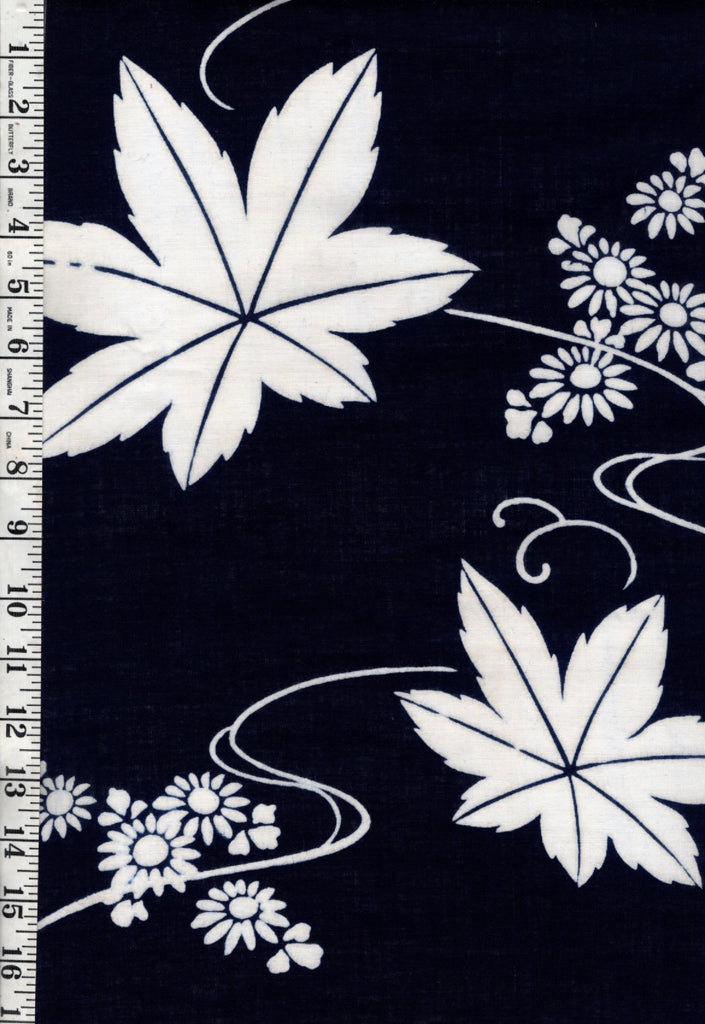 1032 - Yukata Fabric - Maple Leaves & Daisies - Traditional 14" wide - Indigo - By the Half Yard