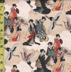 Asian - Kimonos, Koi & Dragons - Small Geisha & Flying Cranes - 120-4327 - Cream - By the Half Yard