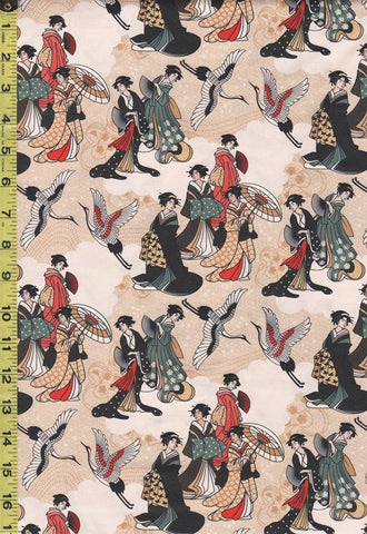 Asian - Kimonos, Koi & Dragons - Small Geisha & Flying Cranes - 120-4327 - Cream - By the Half Yard