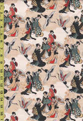 Asian - Kimonos, Koi & Dragons - Small Geisha & Flying Cranes - 120-4327 - Cream - By the Half Yard