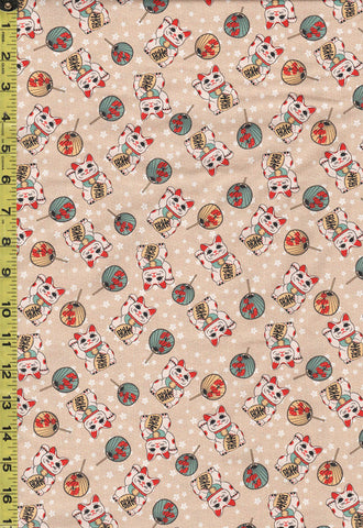 Asian - Kimonos, Koi & Dragons - Maneki Neko Lucky Cat & Fans - 120-4329 - Tan - ON SALE - SAVE 20% - By the Yard - Last 2 1/2 Yards