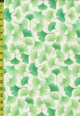 Asian - Northcott Ginkgo - Shimmer Floating Ginkgo Leaves & Pindot - 26854M-10 - White - Last 2 Yards