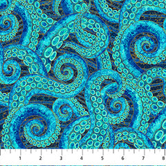 Fabric Art - Northcott Enigma - Octopus Tenacles & Water Swirls - 28183M-48 - Dark Blue Multi - By the Half Yard - Last 2 5/8 Yards