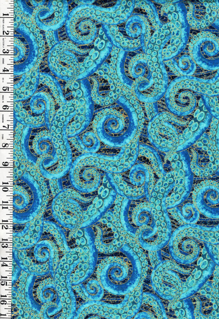 Fabric Art - Northcott Enigma - Octopus Tenacles & Water Swirls - 28183M-48 - Dark Blue Multi - By the Half Yard - Last 2 5/8 Yards