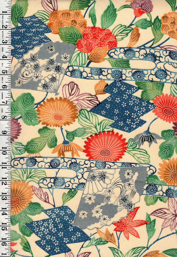 302 - Japanese Silk - Colorful Mums, Floral Fans & Pink Bark Motif - Pale Yellow