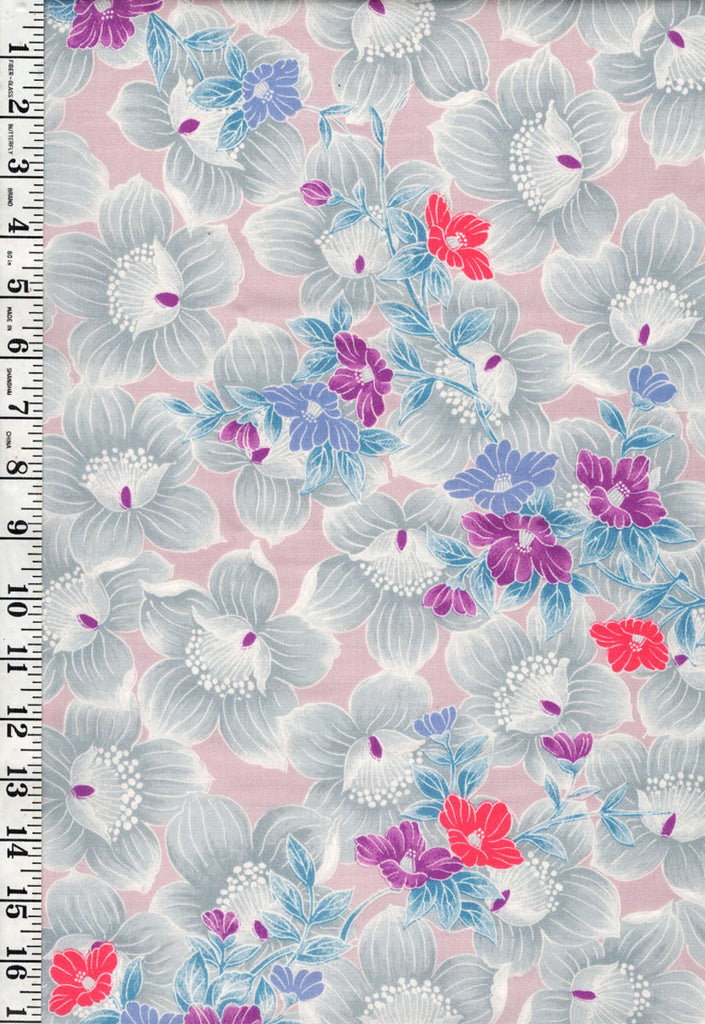 308 - Silk - Silk Blend - Beautiful Floral - Blue, Soft Gray, Mauve