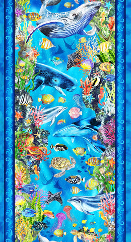 *Tropical - In the Beginning - CALYPSO III - Large Scale Sea Life Border Stripe - 31CAL-1 - BLUE - By the Half Yard