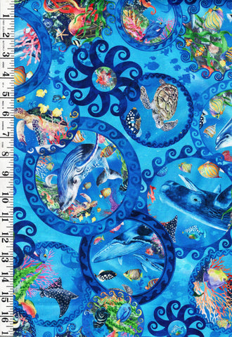 *Tropical - In the Beginning - CALYPSO III - Large Ocean Sea Life Circles - 32CAL-1 - BLUE - By the Half Yard