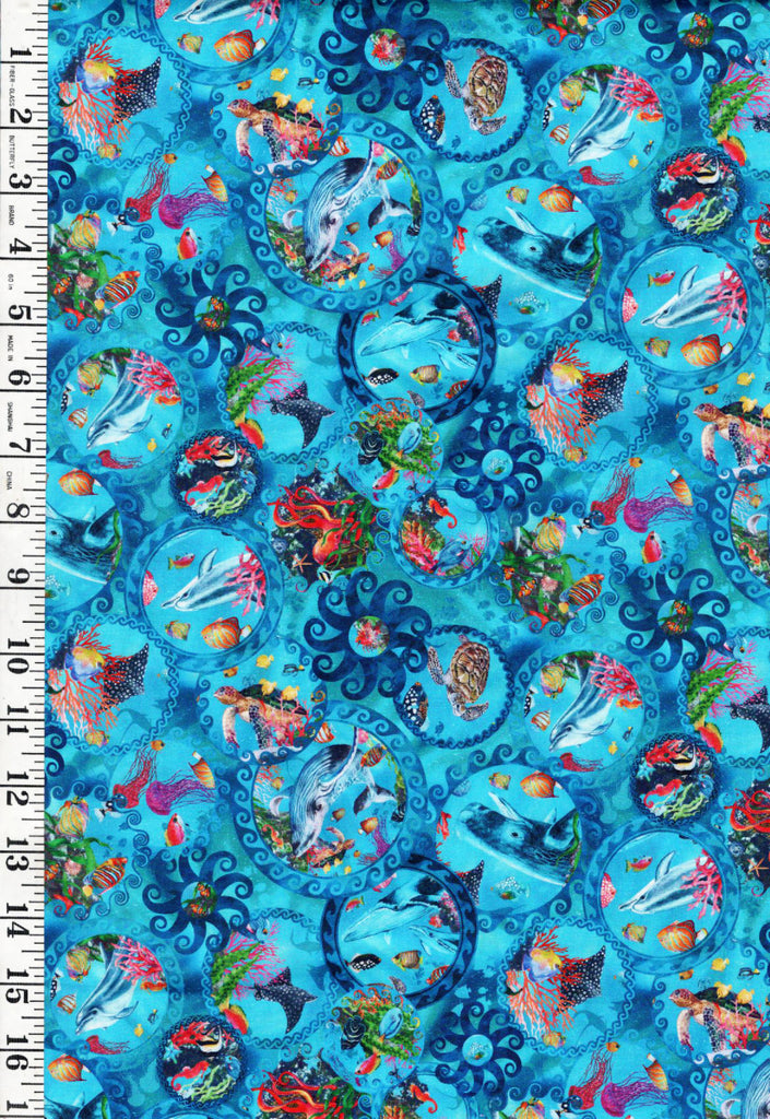 *Tropical - In the Beginning - CALYPSO III - Small Ocean Sea Life Circles - 33CAL-2 - TEAL - By the Half Yard