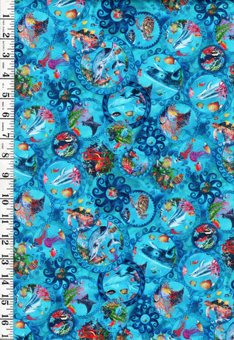 *Tropical - In the Beginning - CALYPSO III - Small Ocean Sea Life Circles - 33CAL-2 - TEAL - By the Half Yard