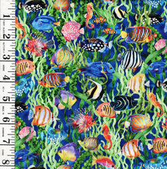 *Tropical - In the Beginning - CALYPSO III - Small Compact Colorful Fish - 34CAL-1 - BLUE - By the Half Yard