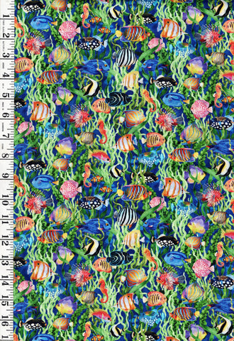 *Tropical - In the Beginning - CALYPSO III - Small Compact Colorful Fish - 34CAL-1 - BLUE - By the Half Yard