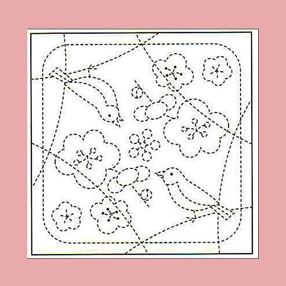 Sashiko Pre-printed Sampler (Olympus) - # 384 Uguisu & Ume (Birds & Plum Blossoms) - Rosey Beige