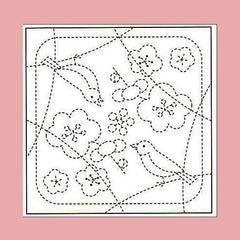 Sashiko Pre-printed Sampler (Olympus) - # 384 Uguisu & Ume (Birds & Plum Blossoms) - Rosey Beige