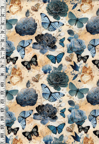 *Asian - Gilded Wings - Butterflies, Peonies & Roses - 5076-03 - Soft Butter Yellow - By the Half Yard