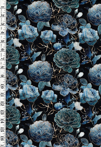 *Asian - Gilded Wings - Peonies & Roses - 5076-13 - Black - By the Half Yard