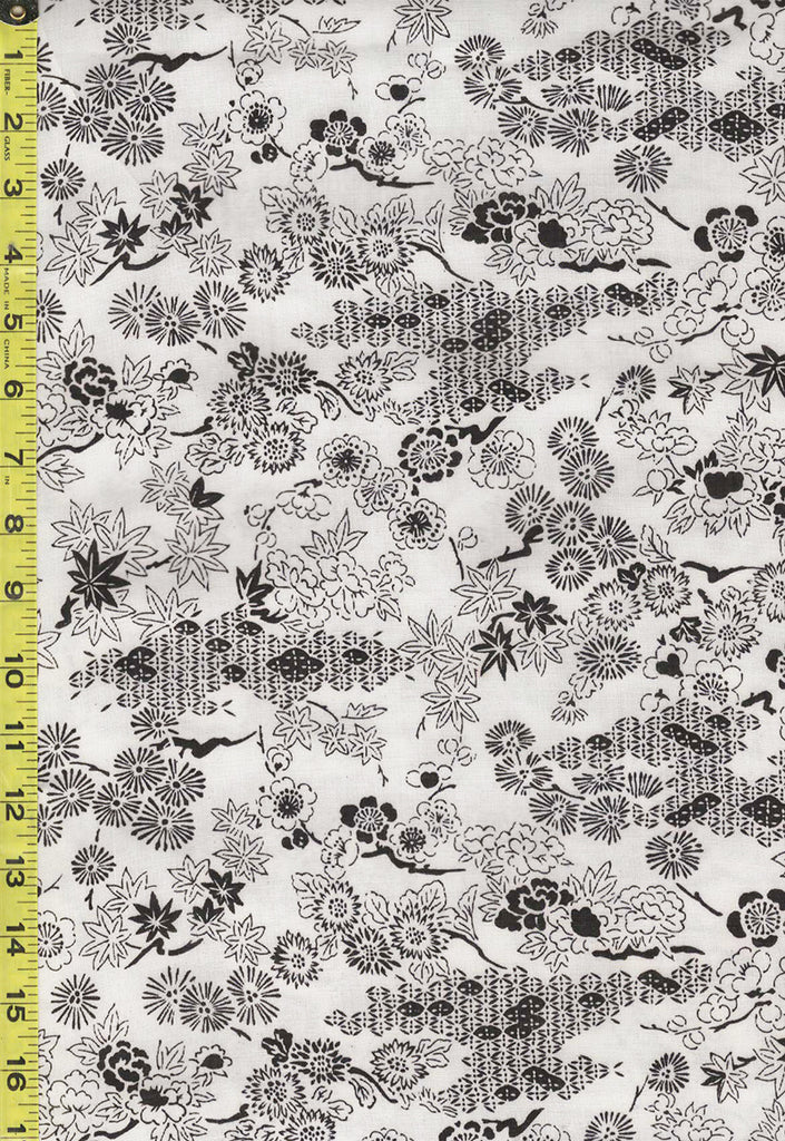Yukata Fabric - 885 - Kuradashi Plum Blossoms (Ume), Peonies & Maple Leaves - Cotton-Hemp Blend - White
