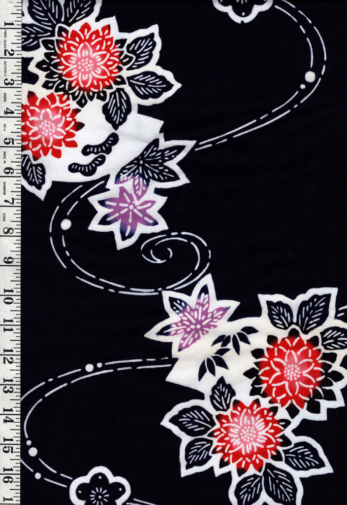 Yukata Fabric - 907 - Colorful Flowers & River Swirls - Indigo