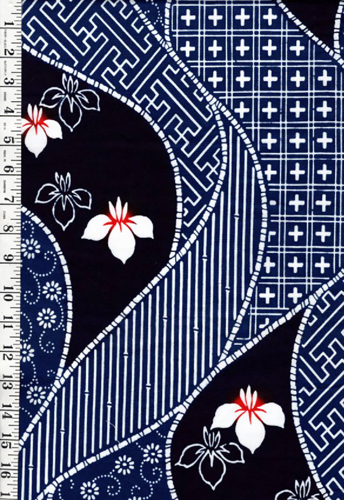 Yukata Fabric - 951 - Iris & Japanese Geometric Motifs - Indigo & Blue