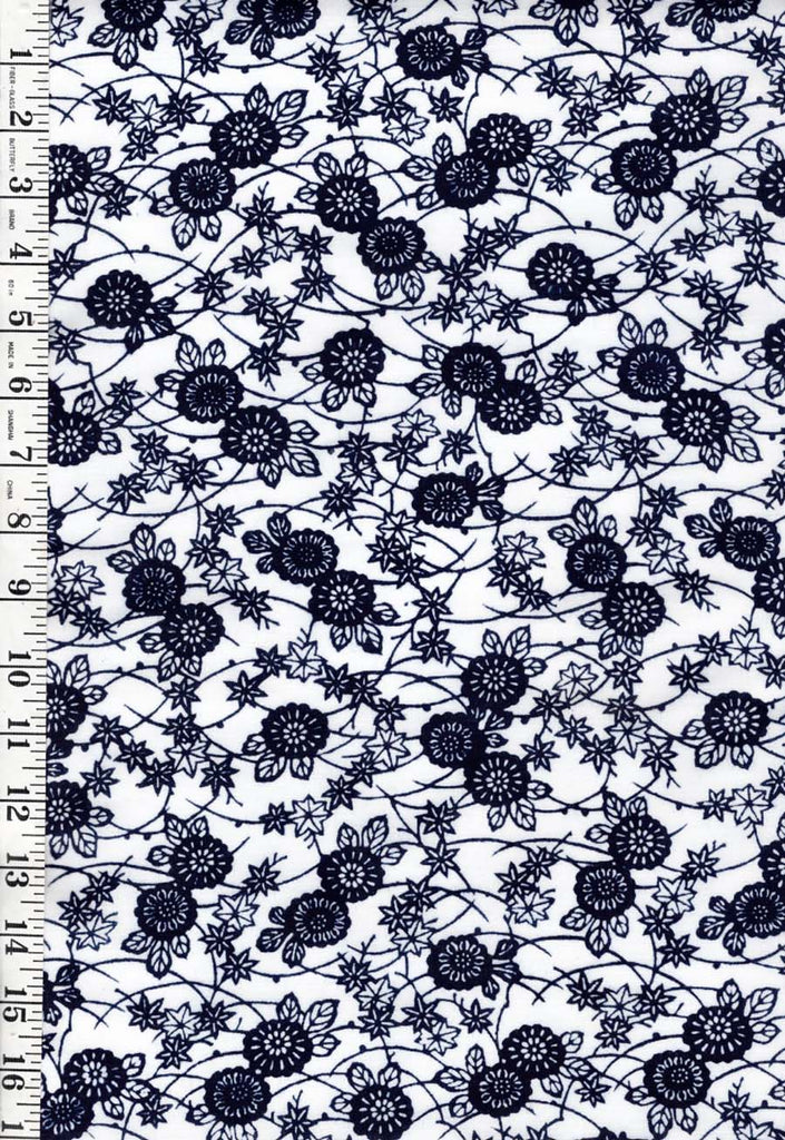0964- Yukata Fabric - Stylized Daisies & Small Maple Leaves - Indigo & White