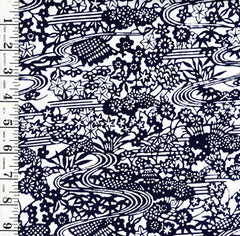0965 - Yukata Fabric - Small Compact Flowers & River Swirls - Indigo & White