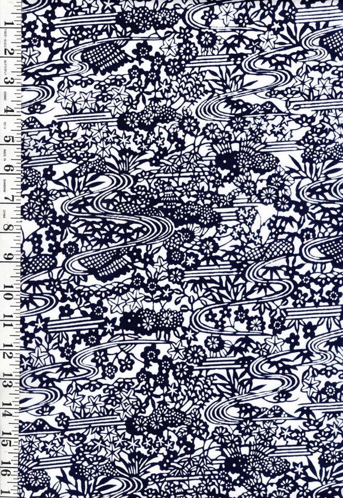 0965 - Yukata Fabric - Small Compact Flowers & River Swirls - Indigo & White