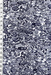 0965 - Yukata Fabric - Small Compact Flowers & River Swirls - Indigo & White