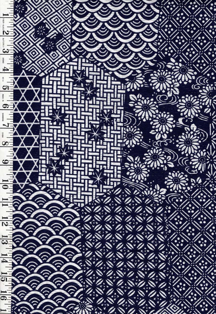 0986 - Yukata Fabric - Geometric Patchwork with Japanese Motifs - Traditional 14" wide - Indigo