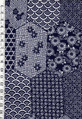 0986 - Yukata Fabric - Geometric Patchwork with Japanese Motifs - Traditional 14" wide - Indigo