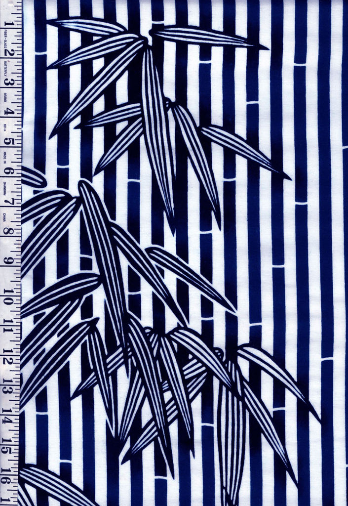 0992 - Yukata Fabric - Bamboo Leaves & Stripes - Traditional 14" wide - Navy Blue & White