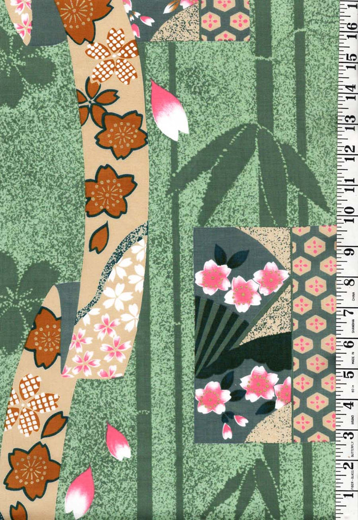 0996 - Yukata Fabric - Cherry Blossom Ribbons & Fans - Traditional 14" wide - Green