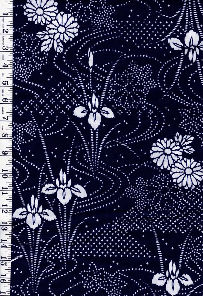 0998 - Yukata Fabric - Iris, Mums & River Swirls - Traditional 14" wide - Indigo