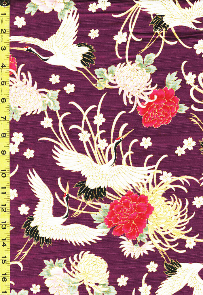Japanese - Cosmo Flying Cranes, Mums, Peonies & Cherry Blossoms - Shantung Dobby Weave - AP31701-1C - Purple