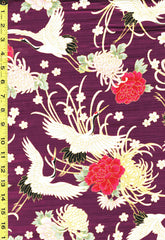 Japanese - Cosmo Flying Cranes, Mums, Peonies & Cherry Blossoms - Shantung Dobby Weave - AP31701-1C - Purple