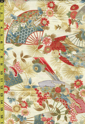 *Japanese - Cosmo Floral Fans & Pine Boughs - Shantung Dobby Weave - AP42901-3A - Cream - By the Half Yard